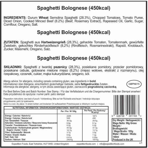 Liofilizowane Spaghetti bolognese EXPEDITION FOODS