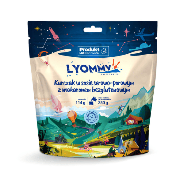 Liofilizowany Kurczak w sosie serowo-porowym z makaronem bezglutenowym LYOMMY